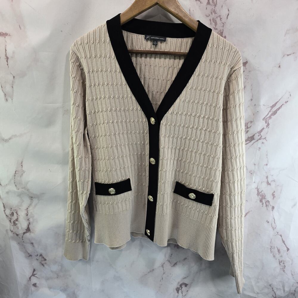 Adrianna Papell Cardigan Womens XL Beige Black Sweater Lightweight Gold Buttons